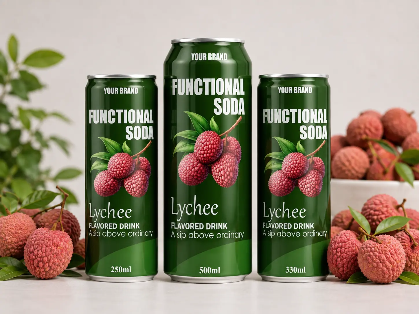 FUNCTIONAL SODA Lychee Flavored Drink in 250ml, 330ml, and 500ml cans with fresh lychees around the display.